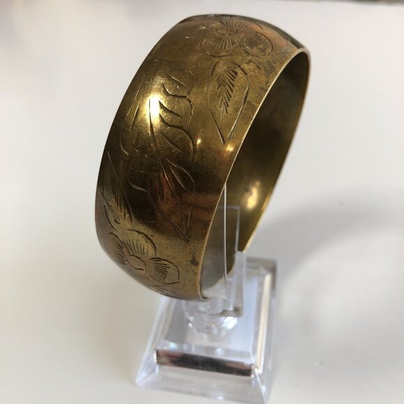 Brass Bangle Bracelet Etched Leaves & Flowers Natural Patina Unpolished IN - Picture 3 of 14